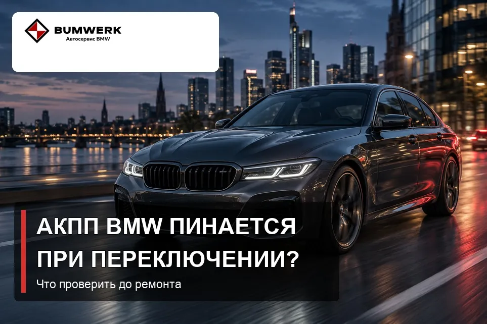 Автомобиль BMW едет по городской дороге в вечернее время