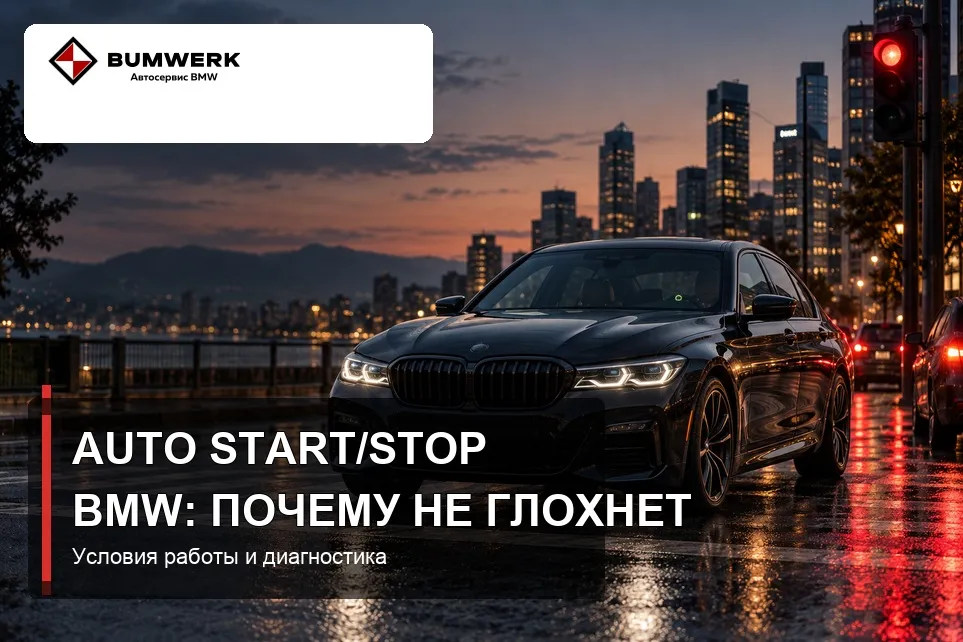 BMW остановился на городском светофоре в сумерках